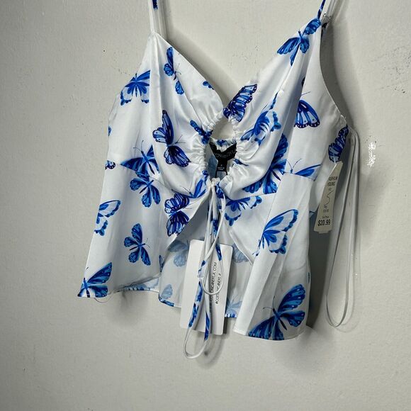 NWT 2-pc Set Satin White with Blue Butterfly Print Crop Top and Mini Skirt S - Picture 8 of 16